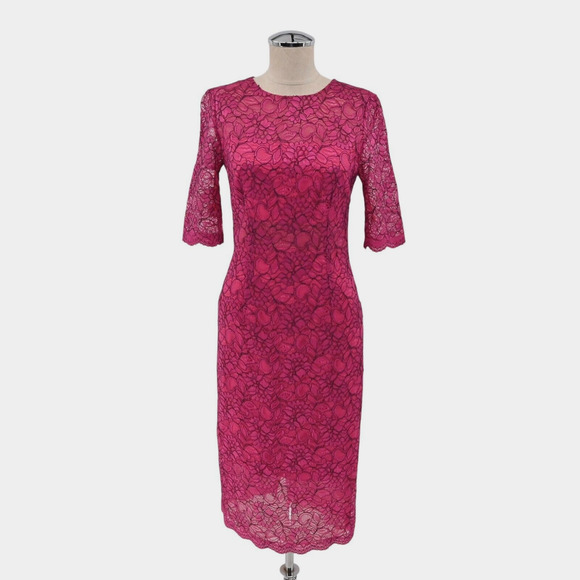 MONIQUE LHUILLIER Dress‎ Sz 6 Pink Lace Sheath Floral Overlay Scalloped Cocktail - Picture 1 of 13